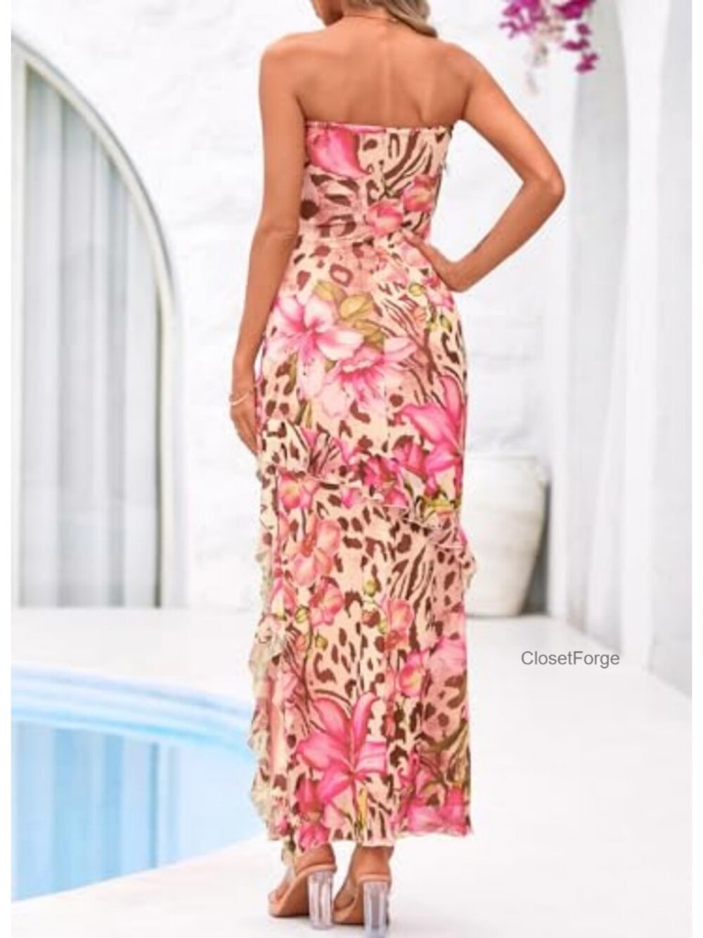 Off Shoulder Strapless Ruffle Hem Maxi Dress with High Slit - Picture 2 of 6